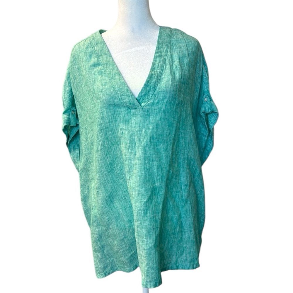 Isaac Mizrahi 100 % Linen Short Sleeve Vneck Shirt Green 1X NWT